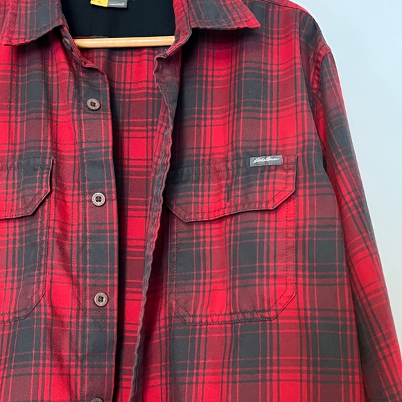 Men’s Eddie Bauer Shirt Workshirt Shacket Unlined Red Grey L - Picture 3 of 8